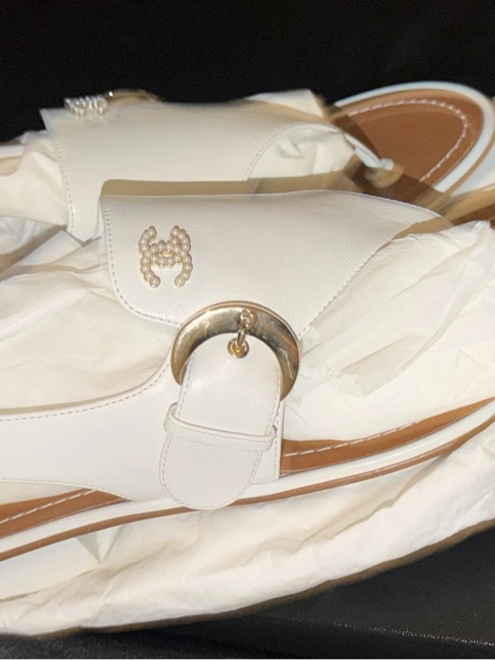 CHANEL White Leather Slingback Thong Sandals with Gold CC